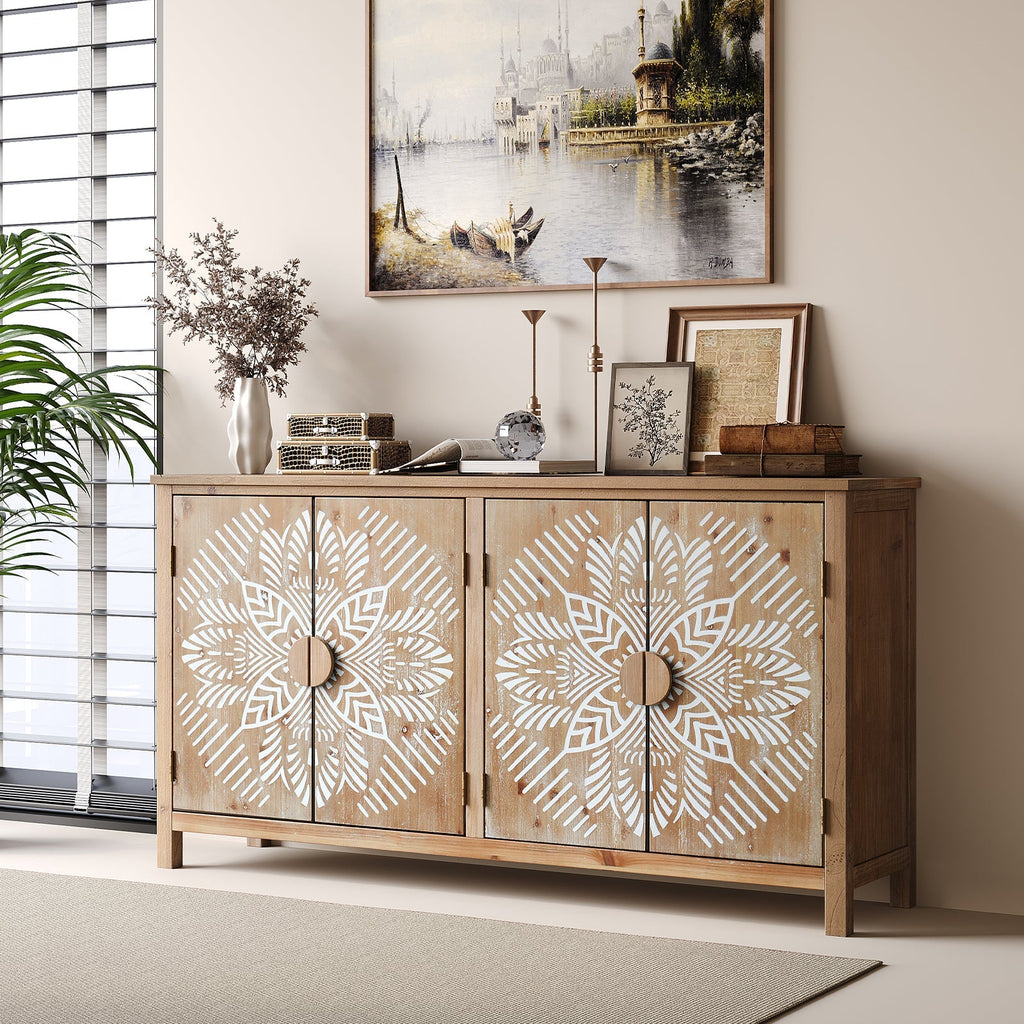 60" Wood Accent Cabinet with 4 Doors Brown and Antique White