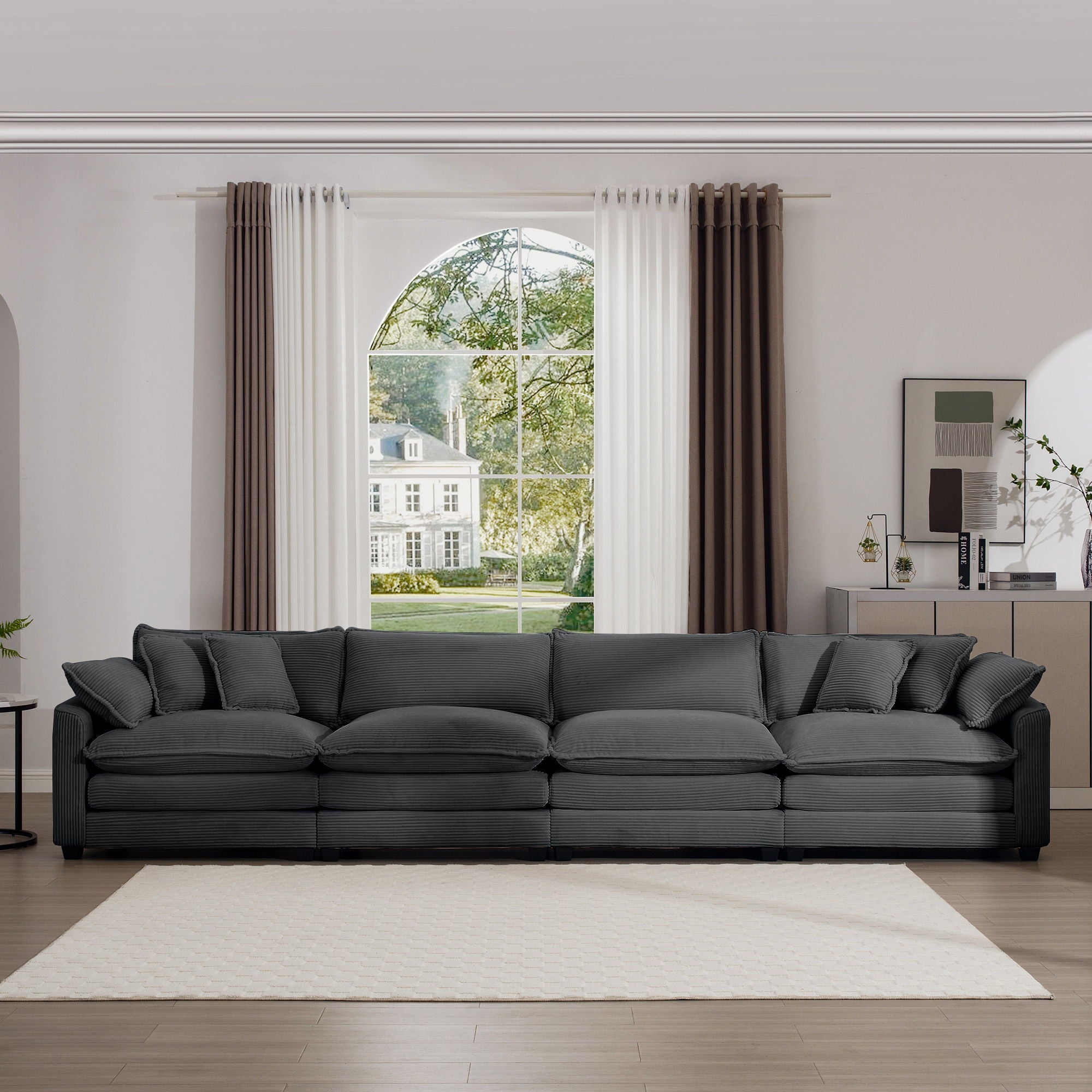 Modern Upholstered 4 Seater Fabric Sofa With Arm And Throw Pillows